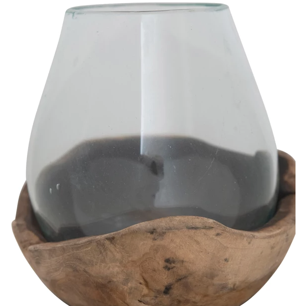 Glass Vase/Hurricane on Natural Wood Base