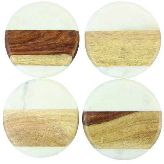 White Marble and Wood Round Coasters